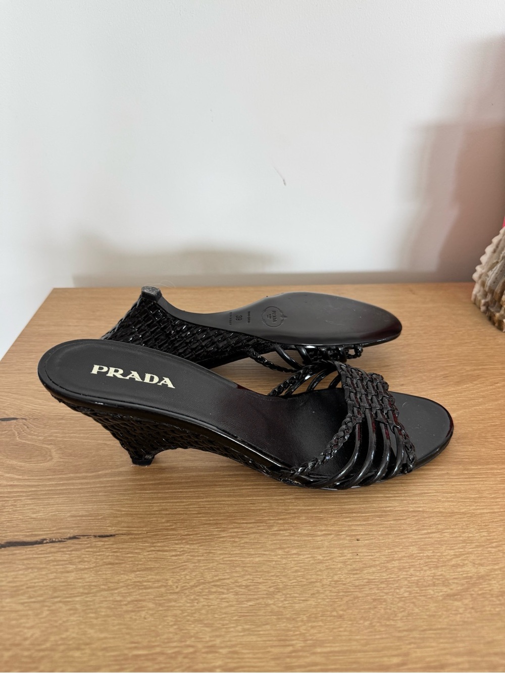 Prada Black Woven Leather Wedge Slide Sandals
